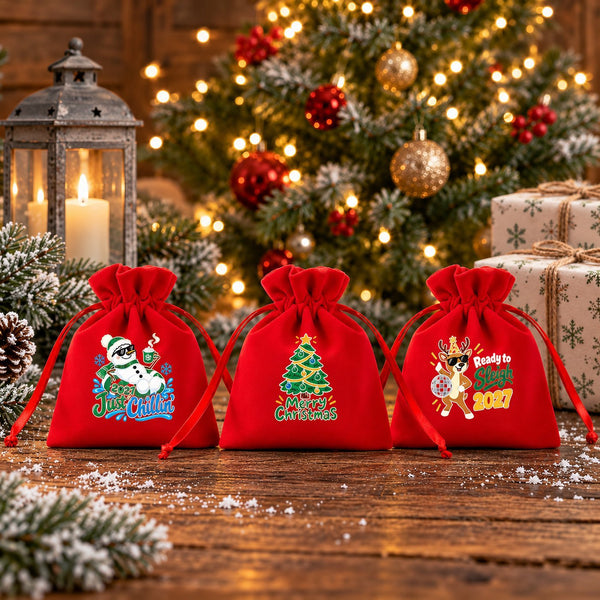 Tres bolsitas de terciopelo rojo en una mesa nevada: galleta de jengibre, ¡Feliz Navidad! y ¡Feliz Día de Reyes!