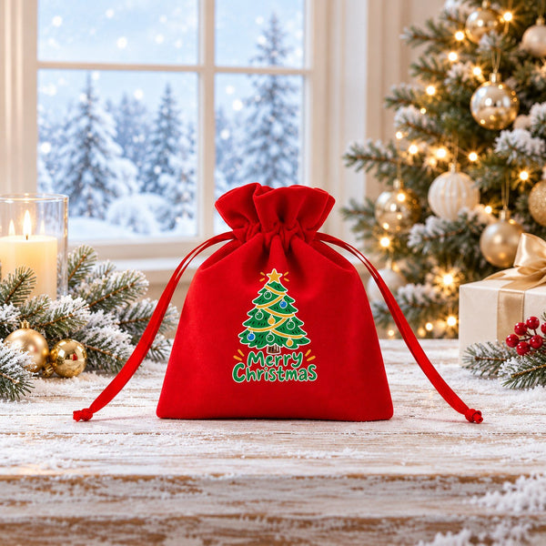 Bolsita para regalos de terciopelo rojo, diseño Blanca Navidad con pueblo nevado, junto a una ventana nevada