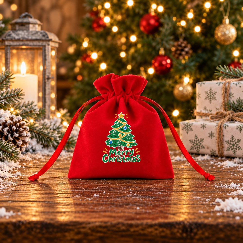 Bolsita para regalos de terciopelo rojo, diseño ¡Feliz Navidad! con acebo, en una mesa rústica nevada ante el árbol