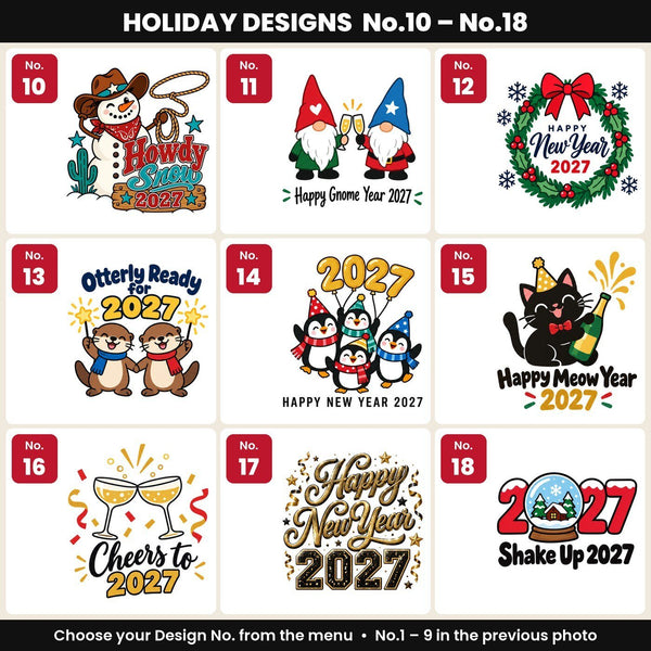 Diseños N.º 10 a 18: profe, ¡Feliz 2027!, Próspero Año Nuevo, Adiós 2026, seño, Blanca Navidad, reno, lazo y Navidad