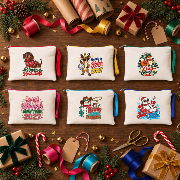 Wristlet Pouch Bulk – Christmas & New Year 2027 Makeup Bags in 6 Zipper Colors, 9 Designs, 8.3" × 6" (21 × 15 cm) – Cotton Gabardine - Pamusan.com