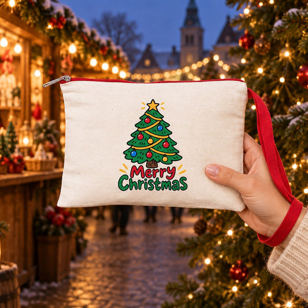 Wristlet Pouch Bulk – Christmas & New Year 2027 Makeup Bags in 6 Zipper Colors, 9 Designs, 8.3" × 6" (21 × 15 cm) – Cotton Gabardine - Pamusan.com