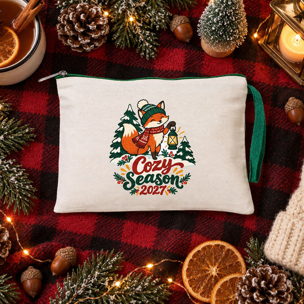 Wristlet Pouch Bulk – Christmas & New Year 2027 Makeup Bags in 6 Zipper Colors, 9 Designs, 8.3" × 6" (21 × 15 cm) – Cotton Gabardine - Pamusan.com