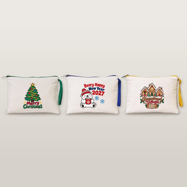 Wristlet Pouch Bulk – Christmas & New Year 2027 Makeup Bags in 6 Zipper Colors, 9 Designs, 8.3" × 6" (21 × 15 cm) – Cotton Gabardine - Pamusan.com