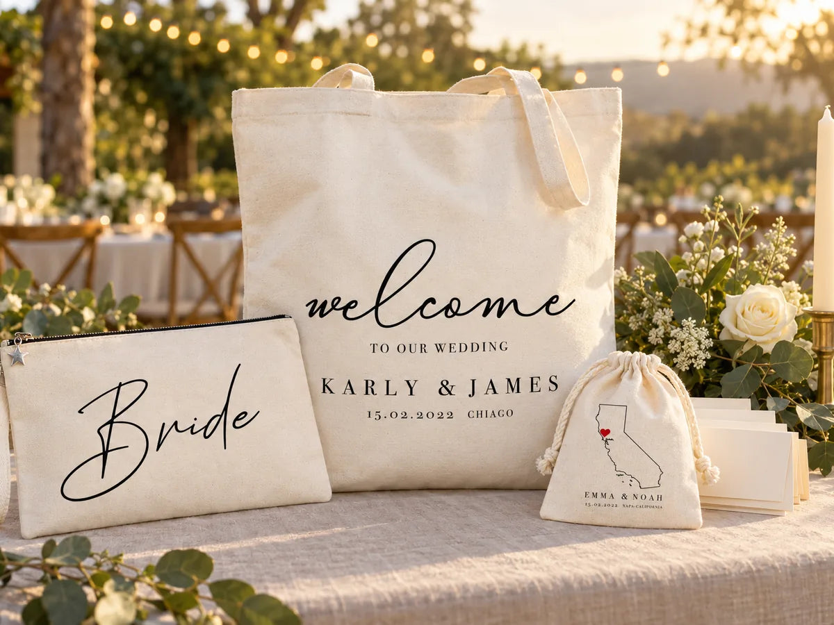 Bolsa de bienvenida personalizada Karly & James de pie sobre una mesa de recepción con mantel de lino a la hora dorada, con un clutch Bride con cremallera delante, una bolsita con cordón Emma & Noah con el mapa de California, rosas blancas, eucalipto y una vela