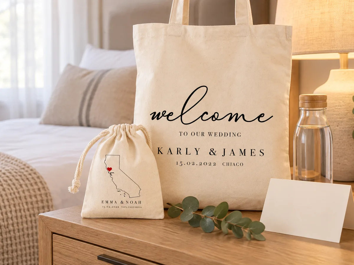 Bolsa de bienvenida Karly & James de pie sobre una mesita de noche de roble en una habitación de hotel con lámpara cálida, con una bolsita con el mapa de California, una botella de agua de cristal, una tarjeta de bienvenida y eucalipto